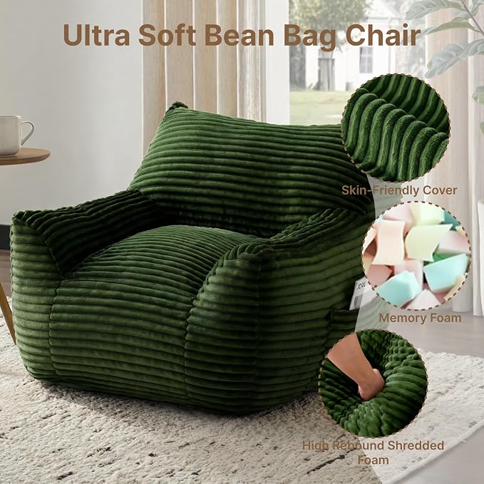 Bean Bag Chair for Adults & Kids, Giant Bean Bag Sofa with Side Pocket, Corduroy Beanbag Chair with Armrests, Comfy Stuffed Floor Sofa for Living Room Bedroom Dorm, Green - Image 4