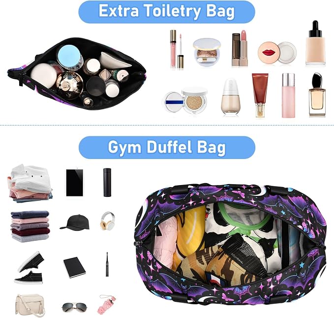 Travel Duffel Tote Bag Neon Purple and Bats Stars and Moons Sports Duffel Bag with Wet Pocket Weekender Overnight Bag for Women Men Gym Bag, Carry On Bag Hospital Bag for Labor and Delivery - Image 5