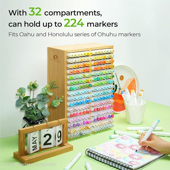 Ohuhu Bamboo Marker Organizer Hold 224 Markers for Honolulu Oahu Series | Markers Pens Pencils Stationary Organizer Holder Desktop Storage with 32 Compartments for Classroom Office Decor Home - Image 3