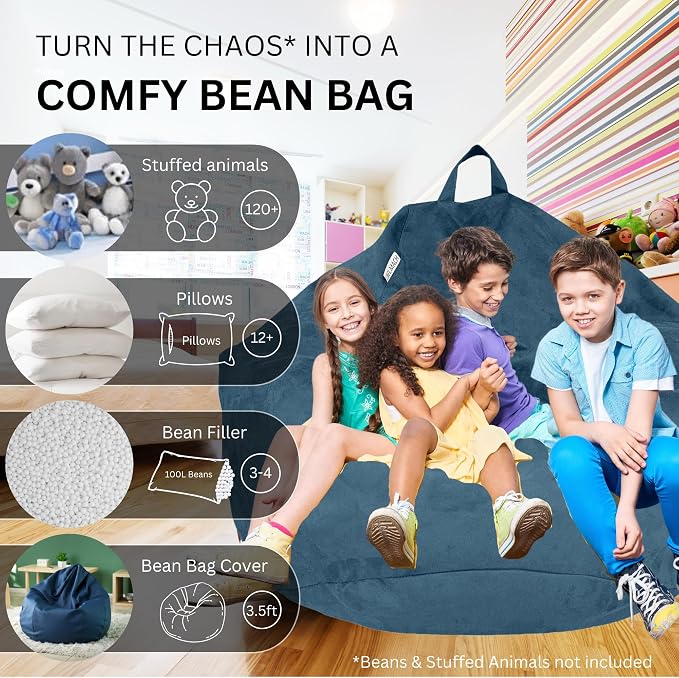 Bean Bag Stuffed Animal Storage Chair Cover (No Filler) for Kids and Adults. Extra Large Bird's Nest Beanbag Memory Foam Soft Premium (Navy Blue, 3.5 ft (Cover Only)) - Image 2