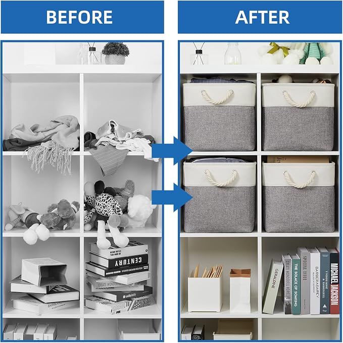 Temary Fabric Baskets 12 Inch Storage Cubes Basket with Handle, Clothes Baskets for Gift, Large Bins for Organizing Books, Blankets (White&Gray) - Image 6