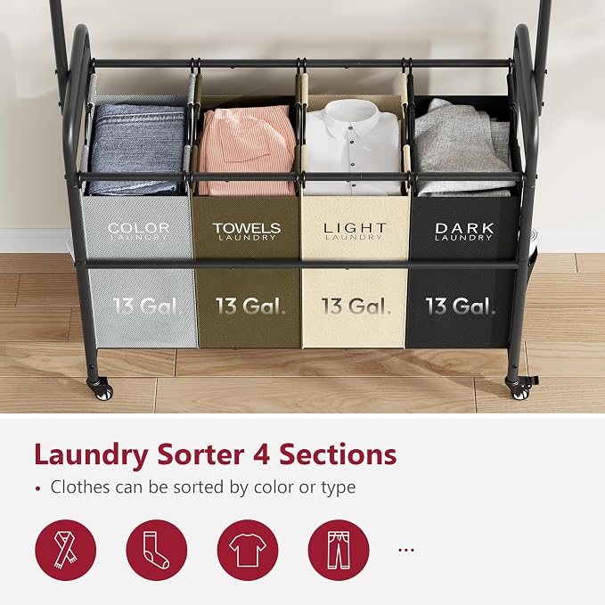 Laundry Sorter Cart with Hanging Clothes Rack, 4 Section, 4 Colors | Laundry Hamper Cart with Removable Bags, Laundry Sorter with Wheels, 4 Bag Laundry Basket Organizer for Laundry Room, Family - Image 4