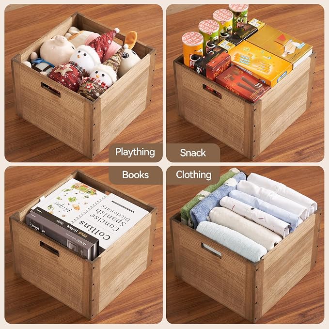 KIRIGEN Stackable Wood Storage Cube with Handles, Open Crate Bin, Brown | Wooden Box and Open Front ,Stackable for Books, Clothes, and Closet Storage, Assembly Required, 14.17 x 14.17 x 10.31 Inch - Image 5