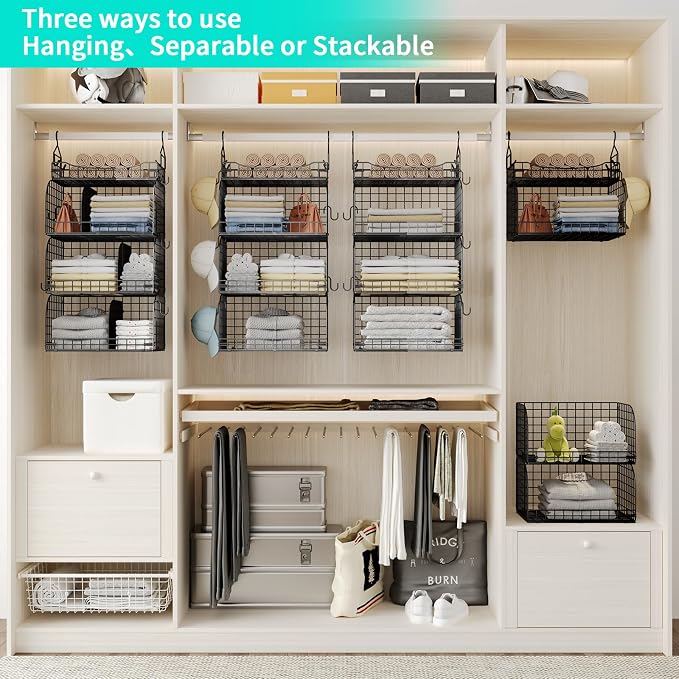 HapiRm Hanging Closet Organizer Storage - 4 Tier Metal Stackable Hanging Closet Shelves with Dividers and S Hooks, Foldable Clothes Shelves for Clothes, Pants, Shoes, Coat, Hats Clutches Accessories - Image 2