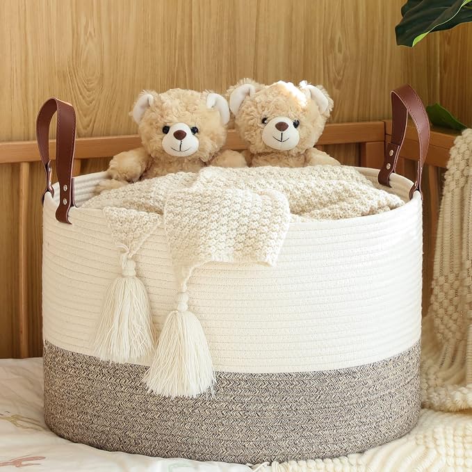 KAKAMAY Large Cotton Rope Blanket Basket (20"x13"),Woven Baby Laundry Hamper，Blanket Basket for Nursery, Laundry, Living Room, Pillows, Toys with Handles （White） - Image 3