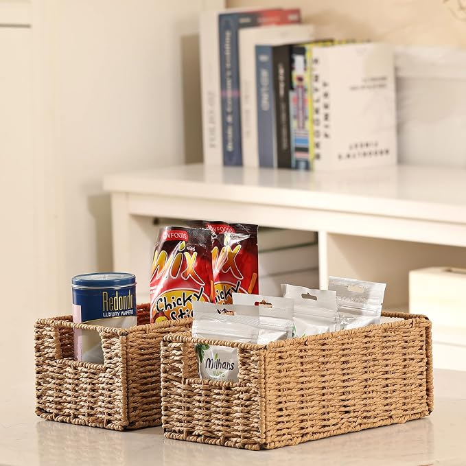 Wicker Storage Basket, Set of 2 Hand-Woven Paper Rope Wicker Basket, Small Storage Baskets for Organizing Toilet Paper Basket, Foldable Large Cube Storage Organizer Bins for Shelves (Natural) - Image 2