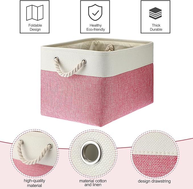 meekoo 8 Pack Collapsible Storage Bins Fabric Storage Bins Polyester Fabric Baskets with Handles Linen Closet Organizer for Shelf Home Closet Towels Toys(15 x 11 x 9.5 in,Pink White) - Image 5