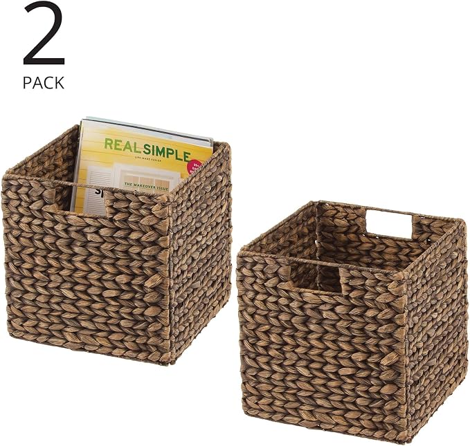mDesign Natural Woven Hyacinth Cube Organizer Basket with Handles, Storage for Bathroom, Laundry Room Shelf or Nursery - Perfect for Cubby Storage Units - Hold Blankets and Books - 2 Pack, Brown Wash - Image 2