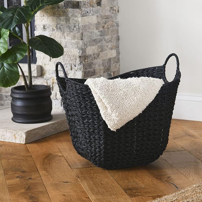 Household Essentials Handwoven Paper Rope Storage Basket with Metal Frame and Handles, Black - Image 6