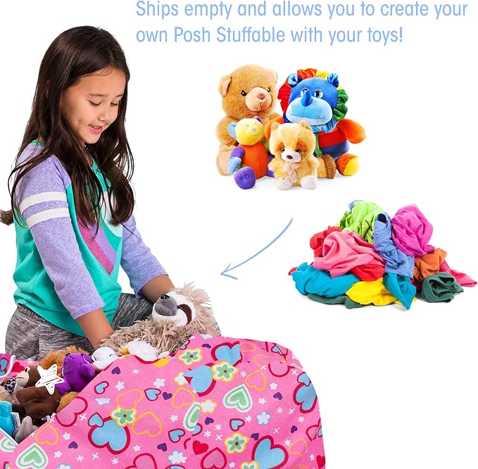 Posh Stuffable Kids Stuffed Animal Storage Bean Bag Chair Cover - Childrens Toy Organizer, Large-38 - Canvas Multi-Colored Hearts on Pink - Image 2