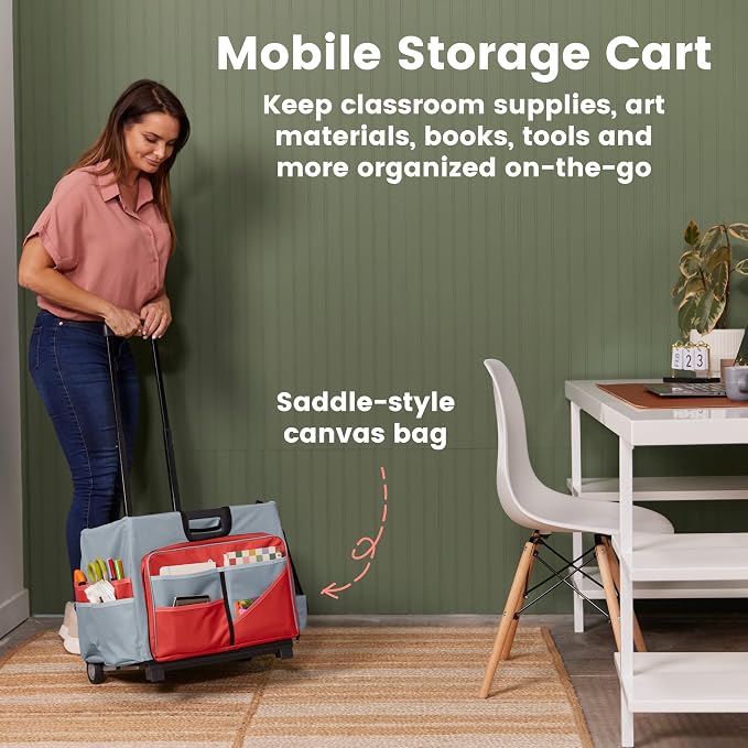 ECR4Kids Universal Rolling Cart with Canvas Organizer Bag, Mobile Storage, Red/Grey | Durable plastic, 30 compartments, adjustable handle, 40 lb capacity, collapses to 3" thick, rolling wheels for easy transport - Image 3