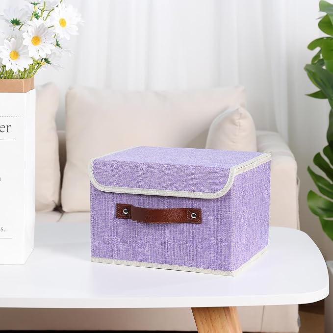 ANMINY Fabric Storage Box Bins with Lids, Purple, 10"x8"x7", 4 Pack | Keepsake Memory Storage, Cotton Linen, PP Board Reinforced, Washable, PU Handles, Foldable & Stackable, Decorative, Small - Image 2