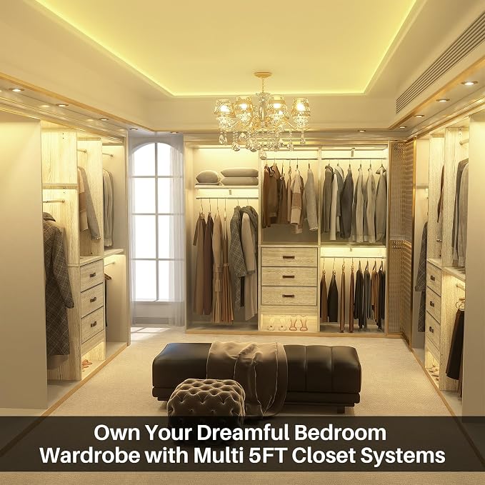 5FT Small Closet System with 3 Fabric Drawers, 60'' Walk In Closet Organizer System With 3 Adjustable Shelves, Heavy Duty Clothes Rack Built-In Garment Rack, 59" L x 16" W x 71"H, White Oak - Image 6