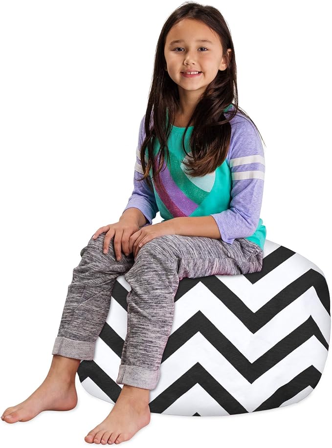 Posh Creations Kids Stuffed Animal Storage Bean Bag Chair Cover - Childrens Toy Organizer, Medium-27in, Canvas Chevron Black and White - Image 4