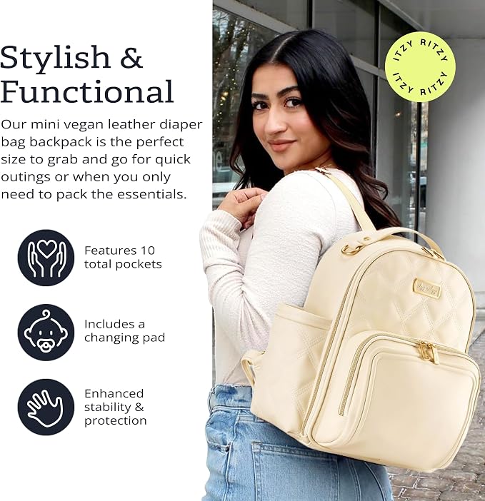 Itzy Ritzy Mini Diaper Bag Backpack – Chic, Compact Mini Plus Backpack with Changing Pad, 10 Pockets (6 Internal, 4 External), Grab-Top Handle & Rubber Feet (Milk & Honey) - Image 3