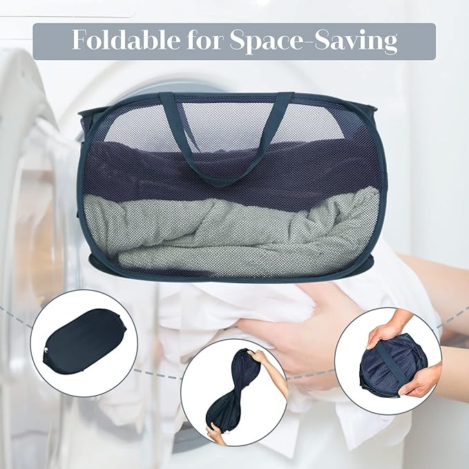 Durable Collapsible Laundry Baskets, Mesh Pop Up Laundry Hamper with Side Pocket, Foldable Clothes Storage Hamper with Reinforced Carry Handles for Laundry, Bathroom, Kids Room, Dorm or Travel Navy - Image 6