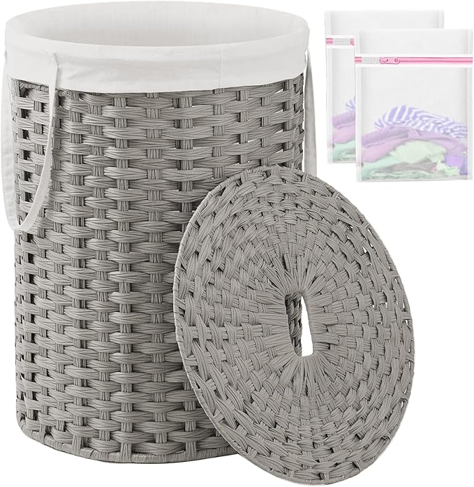 SETVSON Laundry Basket with Lid Round 29.1 Gal (110 L) PE Rattan, Gray | Decorative PE Rattan Furniture Look for Bedroom, Round Laundry Hamper with Lid, Removable Bag, 2 Mesh Bags, Handles by SETVSON
