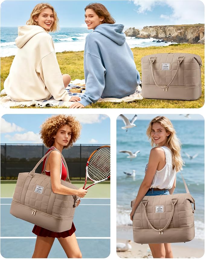 LOVEVOOK Travel Duffel Bag - Versatile Weekender Bag for Women, Puffer Carry On & Overnight Bag for Short Trips, Coffee Brown - Image 2