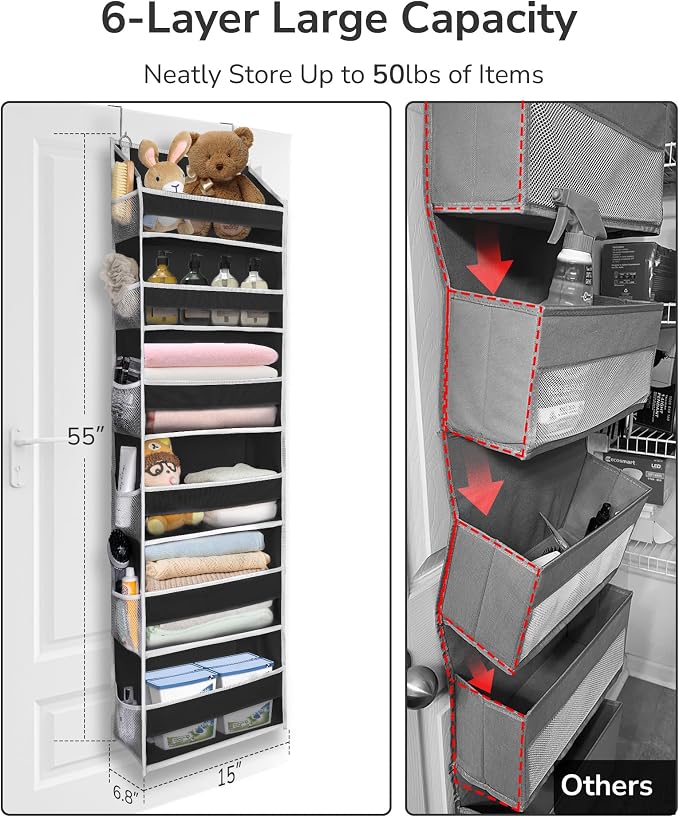 ULG Over The Door Organizer with 6 Large Pockets 12 Side Pockets, 50lbs Weight Capacity Door Hanging Organizer for Bedroom, Bathroom Black - Image 2