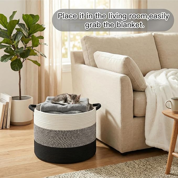Artfeel 70L Large Cotton Rope Basket, Decorative Woven Blanket Storage for Living Room, Boho Toy Storage & Toy Box for Kids, Versatile Laundry Basket & Nursery Hamper for Blankets(Black) - Image 4