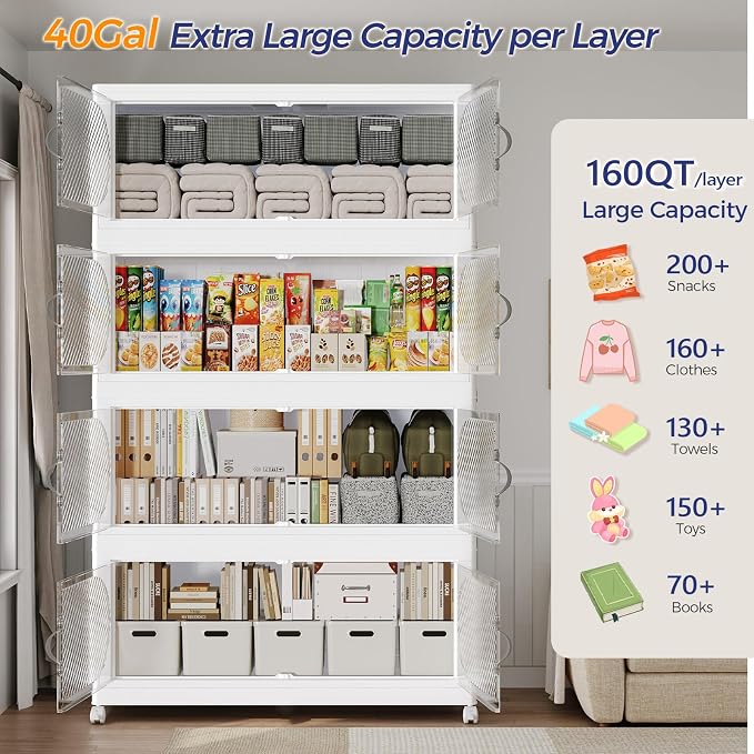 960QT Extra Large Stackable Storage Bins with Lid, 240Gal Plastic Closet Organizers and Storage Drawer, Collapsible Cabinet Box with Wheels Clear Doors for Home Kitchen Garage, 6Pack White - Image 3