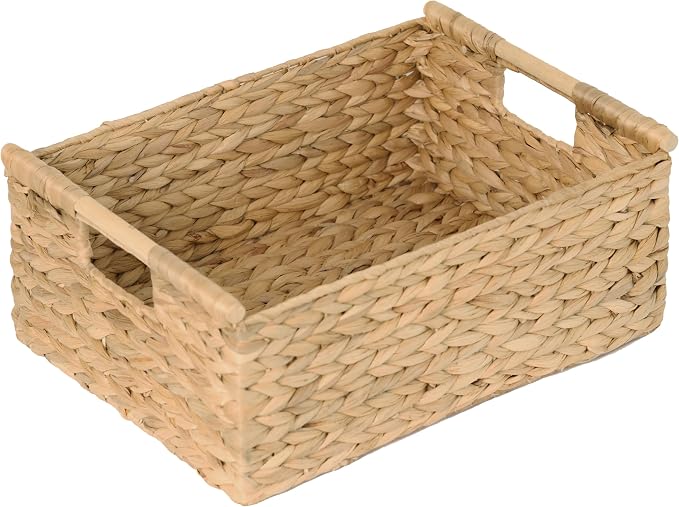 VATIMA Extra Large Wicker Basket Rectangular with Wooden Handles for Shelves, Water Hyacinth Basket Storage, Natural Baskets for Organizing, Wicker Baskets for Storage 16.7"x12.4"x7" by VATIMA