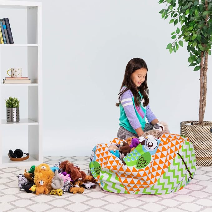 Posh Stuffable Kids Stuffed Animal Storage Bean Bag Chair Cover - Childrens Toy Organizer, Large 38" - Canvas Owls Green and Orange - Image 5