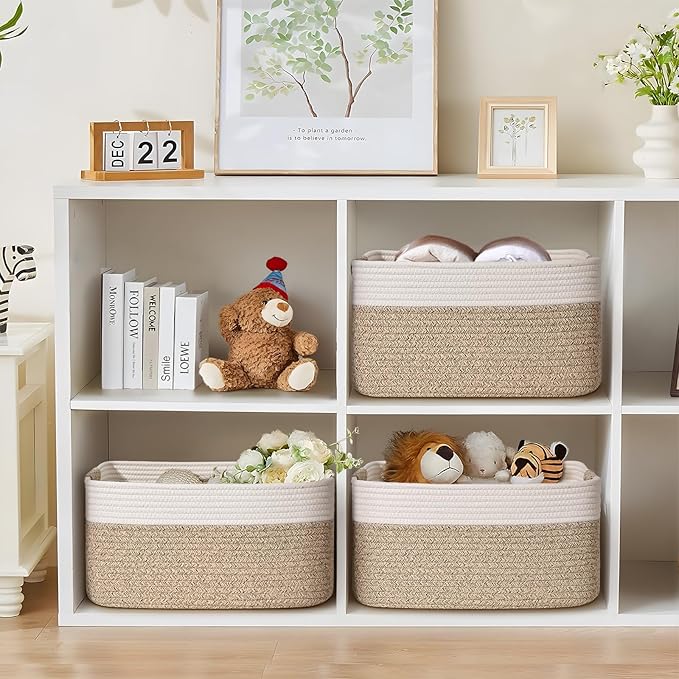 2 Pack Large Storage Basket for Organizing, 17.5"x13"x7" Woven Basket for Shelves, Closet Cube Storage Bins with Wrapped Handle, Cotton Rope Baskets for Kitchen, Clothes, Toys(Off White & Brown) - Image 5