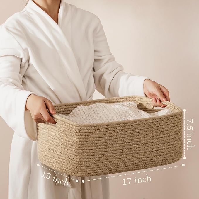 2 Pack Storage Baskets for Organizing, Large Woven Storage Basket, Brown | 17"Lx13"Wx7.5"H, Cotton Rope Basket, Toy Storage, Cube Shelf, Closet Shelf Organizer, Clothes Storage, Home Decor - Image 2