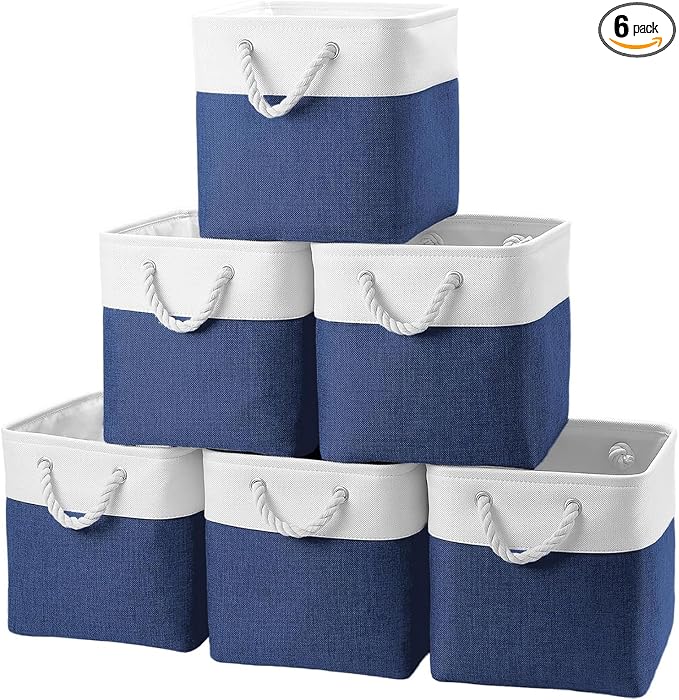 Fabric Storage Cubes 13 x 13, Collapsible Storage Bins for Shelf Baskets, Cube Storage Organizer White Navy Bins with Cotton Handles,Foldable Storage Bin box,Cube Storage Bin 6 Pack by BOFUGA