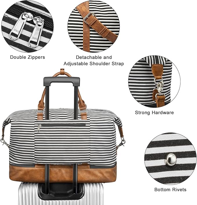 S-ZONE Weekender Bags for Women and Men Travel Duffel Bags with Shoe Compartment Overnight Carry on Duffle Tote Bag | Soft Canvas and Leather Trim, with Toiletries Bag,Carry-on Size,Trolley Sleeve,Adjustable Shoulder Strap,Shoe Compartment - Image 6