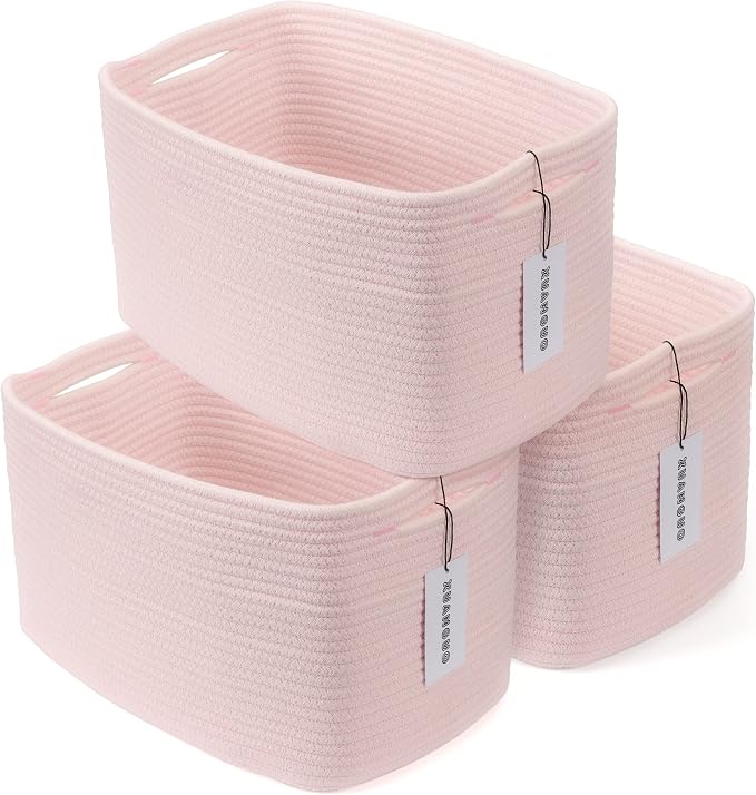 XUANGUO Woven Cotton Rope Storage Baskets 15x10x9.3" 3 Pack Light Pink | Decorative rectangular storage baskets for shelves and closets; storage bins organize clothes, toys, books and nursery items. by XUANGUO