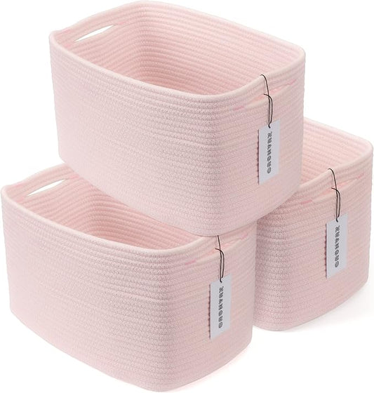 XUANGUO Woven Cotton Rope Storage Baskets 15x10x9.3" 3 Pack Light Pink | Decorative rectangular storage baskets for shelves and closets; storage bins organize clothes, toys, books and nursery items. by XUANGUO