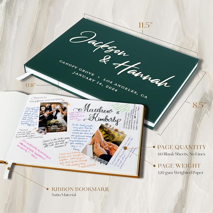 Personalized Wedding Guest Book w/Names, Date, and Address, Custom Hardcover Guest Book for Wedding Reception, Blank Pages for Signing - Sage - Image 6