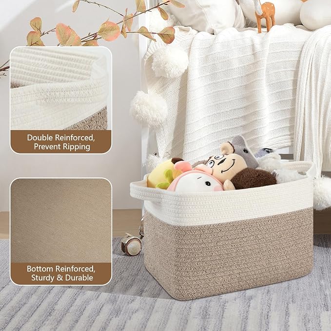 OIASKET Storage Baskets for Organizing, Woven Baskets for Shelves, Rectangle Decorative Organizer for Storage Clothes, Toy, Books, Towels Nursery Bins 3 Pack (Brown & White, 13"x9.85"x8.7") - Image 3