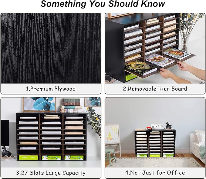 TQVAI Wood Literature Organizer, 27 Slots Hold 13500 Sheets A4 Papers, Wooden Desk File Paper Storage Organizer with Adjustable Shelves, Mailbox Cubbies for Office Home Classroom, Black/Archaize - Image 5