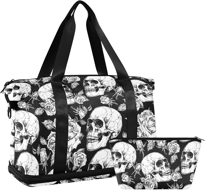 MNSRUU Gothic Skulls and Flowers Sports Duffel Bag with Wet Pocket, Weekender Overnight Bag for Women Men, Gym Bag, Carry On Bag, Hospital Bag for Labor and Delivery - Image 7