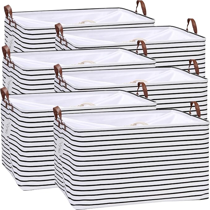 Hinwo 70L Extra Large Canvas Storage Bin with Lid and Handles, 6-Pack | Collapsible Fabric Baskets, Closet Shelf Organizers, Containers for Clothing, Blankets, Toys, Bedding (Black Stripe) by Hinwo