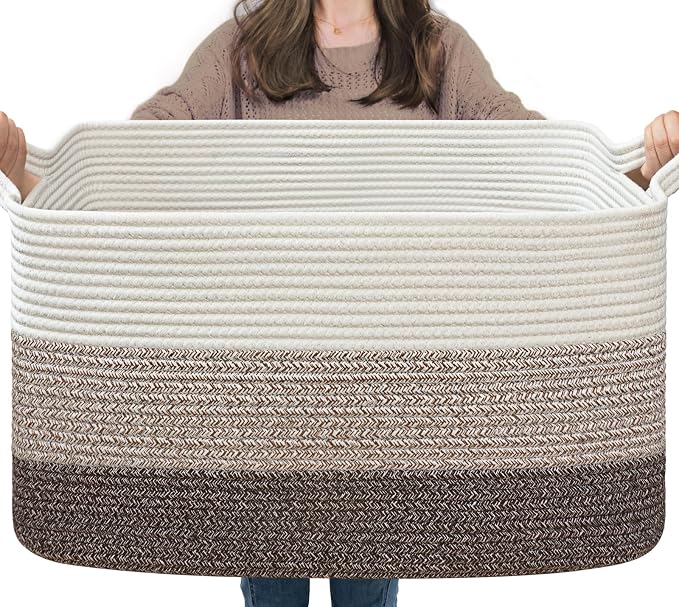 Goodpick Large Woven Rope Blanket Basket, Rectangle, White Brown | 21.6'' x 14.9'' x 11.8'' Storage Basket for Blankets & Toys, Living Room, Bedroom & Nursery Organization, Reinforced Handles by Goodpick