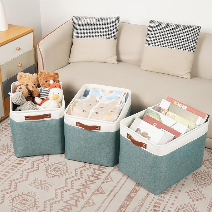 DULLEMELO Large Storage Baskets, Storage Basket with Handles for Shelves, Linen Closet Organizers for Home Office, Decorative Storage Baskets for Toys Storage (3 Pack, White&Deep Green) - Image 3