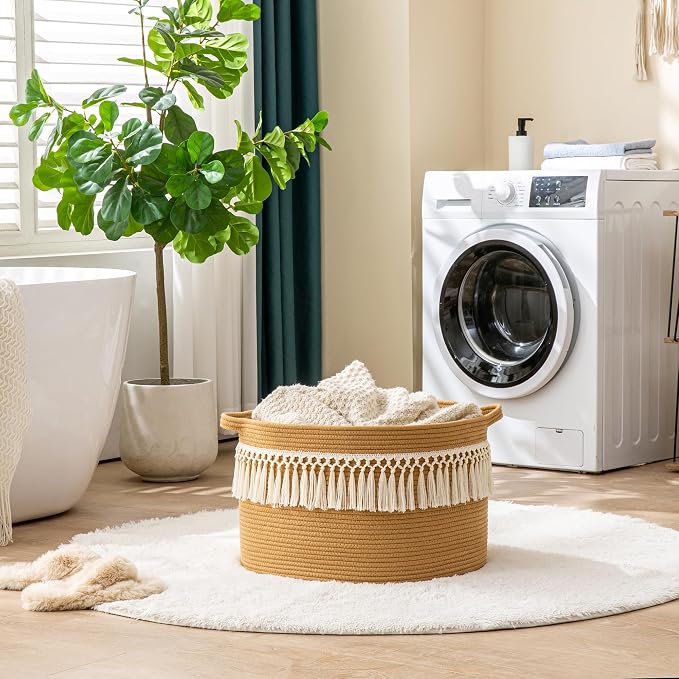 KAKAMAY Large Blanket Basket with Handles, Storage Basket for Living Room | Extra Large Capacity | Natural Cotton Rope | Blanket Storage | Woven Storage Basket | Stuffed Animal Storage | Laundry Basket - Image 4
