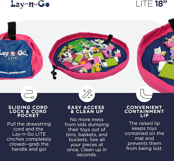 Lay-n-Go Layflat Portable Drawstring Cinch Storage Toy & Mini Figures Organizer & Play Mat, Mesh Pockets, Home & Travel, Kids & Toddlers Playdates, 2 Straps for Backpack, Durable, Machine Washable - Image 3