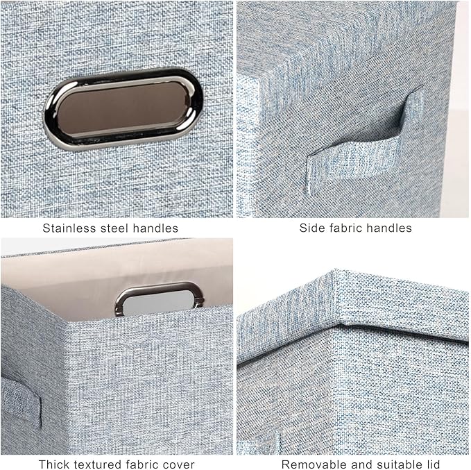 Storage Bins with Lids Fabric Closet Organizers Cubes Office Organization | 36 Quart 3 Pack Blue-Grey Collapsible Stackable Linen Fabric 4 Handles Bedroom Closet Cabinet Under Bed Clothes Toy Office - Image 7