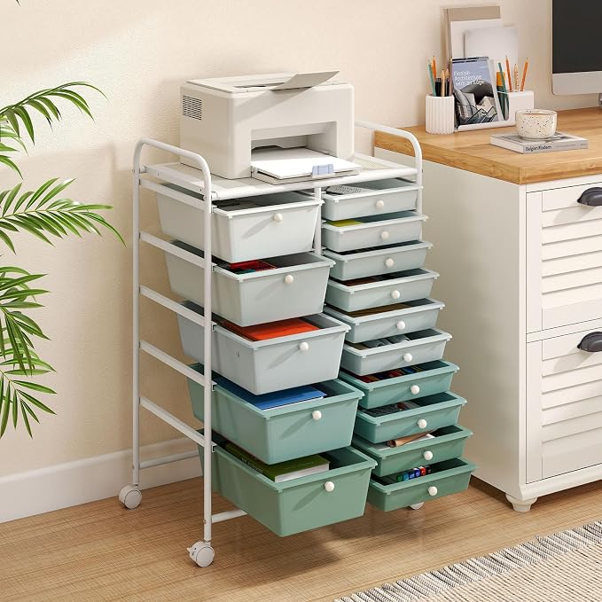 RELAX4LIFE 15-Drawer Storage Drawer Carts - Mobile Rolling Utility Cart | 34.5"H White Metal Frame, Gradient Green Drawers, Rolling Wheels; Classroom School Office Home Craft Utility Storage - Image 2
