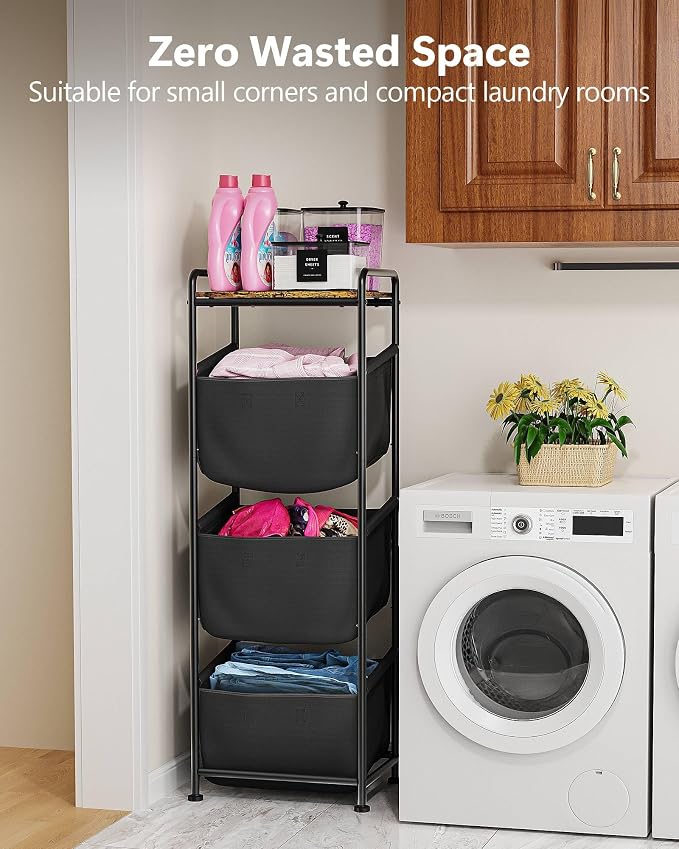 3 Section Laundry Sorter with Removable Bags, 120L Vertical Laundry Hamper with Shelf, Stackable Laundry Baskets organizer for Bathroom, Apartment, Dorm (Black, With Shelf) - Image 4