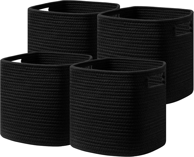 UBBCARE Set of 4 Storage Basket-13 X 13 X 13 in, Cotton Rope Basket for Shelves, Toys, Book, Cube Storage Bins with Handles, Woven Storage Basket for Organizing, Black by UBBCARE