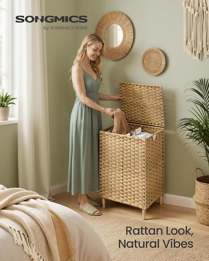 SONGMICS 2-Section Laundry Hamper with Lid, 29 Gal (110L) PE Rattan Laundry Basket with Removable Washable Liners, for Bedroom & Living Room, Goose Yellow ULCB222YE01 - Image 2