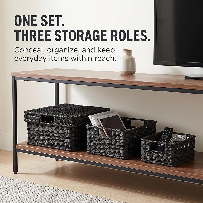 Wicker Storage Basket with Lid for Shelves, 3-Basket Set, Black | One rectangular wicker basket with lid and two open baskets for decorative shelf storage; removable lid flips into a tray. - Image 2