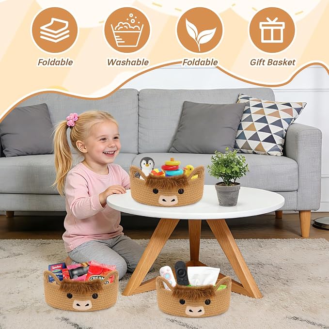 3 Pcs Oval Highland Cute Cow Basket for Nursery,Woven Rope Gift Basket | Soft Cotton Decorative Storage for Gifts Empty, Baby Shower Blanket 0rganizer Shelves Towel Bins, 12" D x 5" H - Image 5
