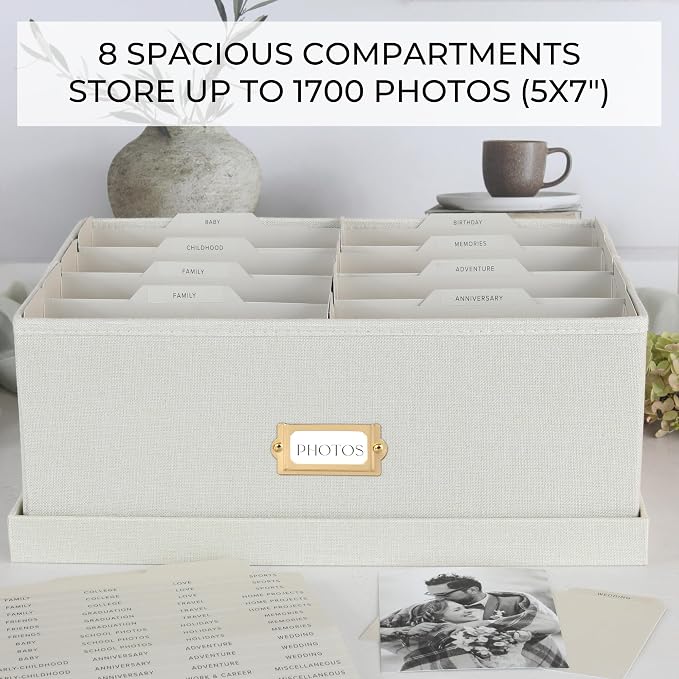 Decorative Photo Storage Box - Sturdy Linen Organizer Holds 1700 Photos | Organizer with Dividers Stores Up to 5x7 1700 Pictures - Portable Scrapbook Storage Containers with Lid - Image 5